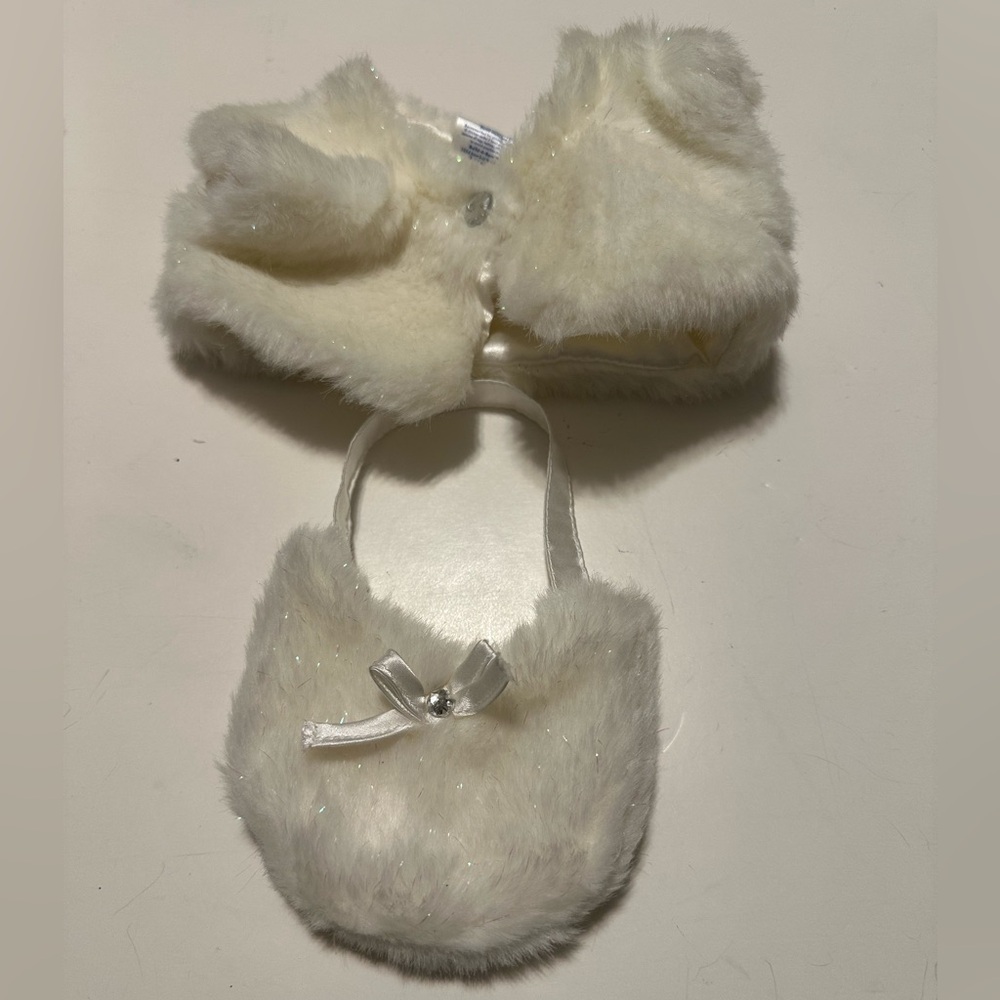 6PC BUILD A BEAR WHITE BLUE FAUX FUR SPARKLE SKIRT TOP VEST JACKET BAG COAT SET